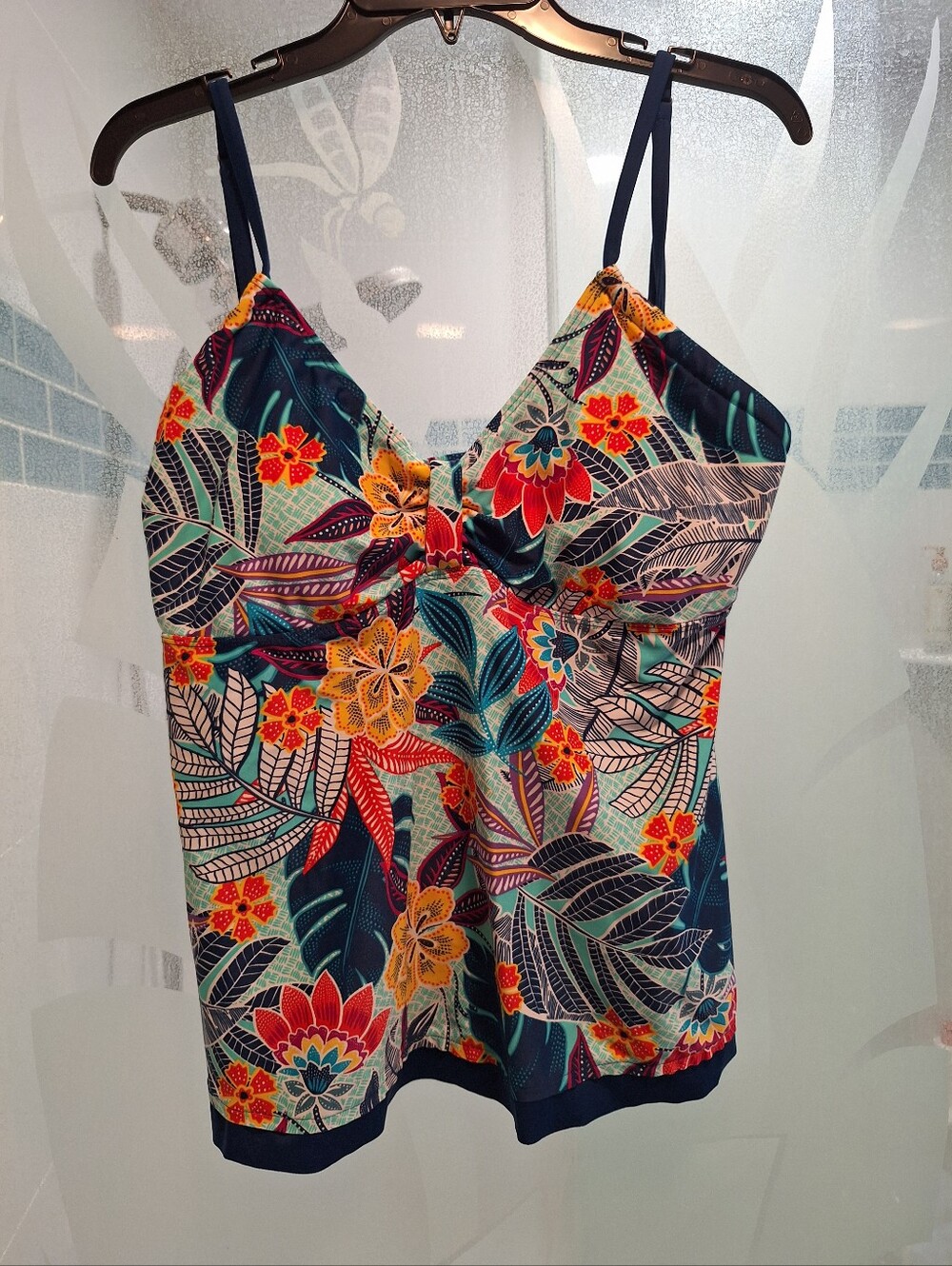 Floral Tropical Print Women's Tankini Top - Navy & Multicolor